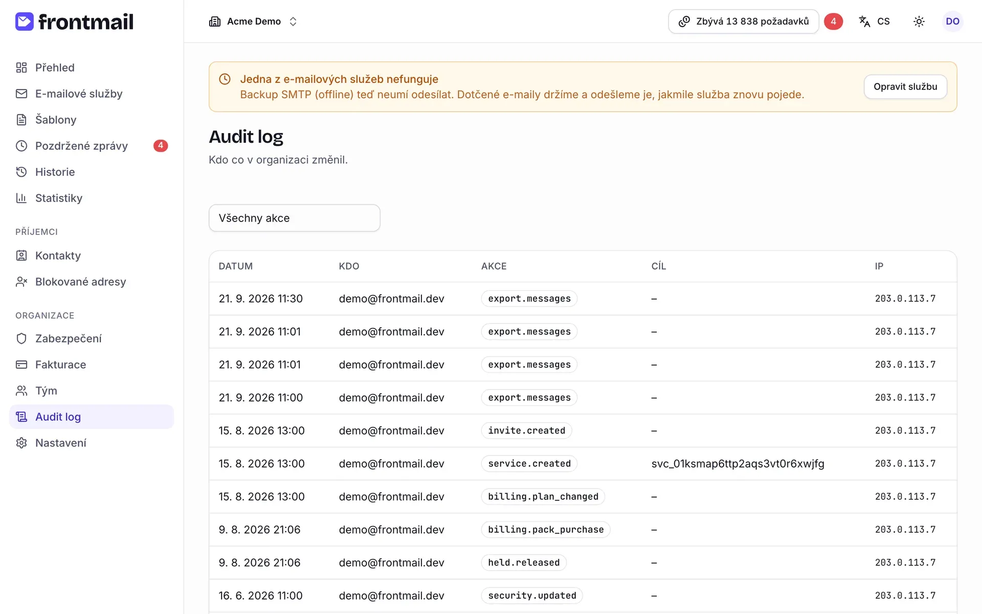 Stránka Audit log s filtrem akcí a tabulkou záznamů s datem, autorem, akcí, cílem a IP adresou