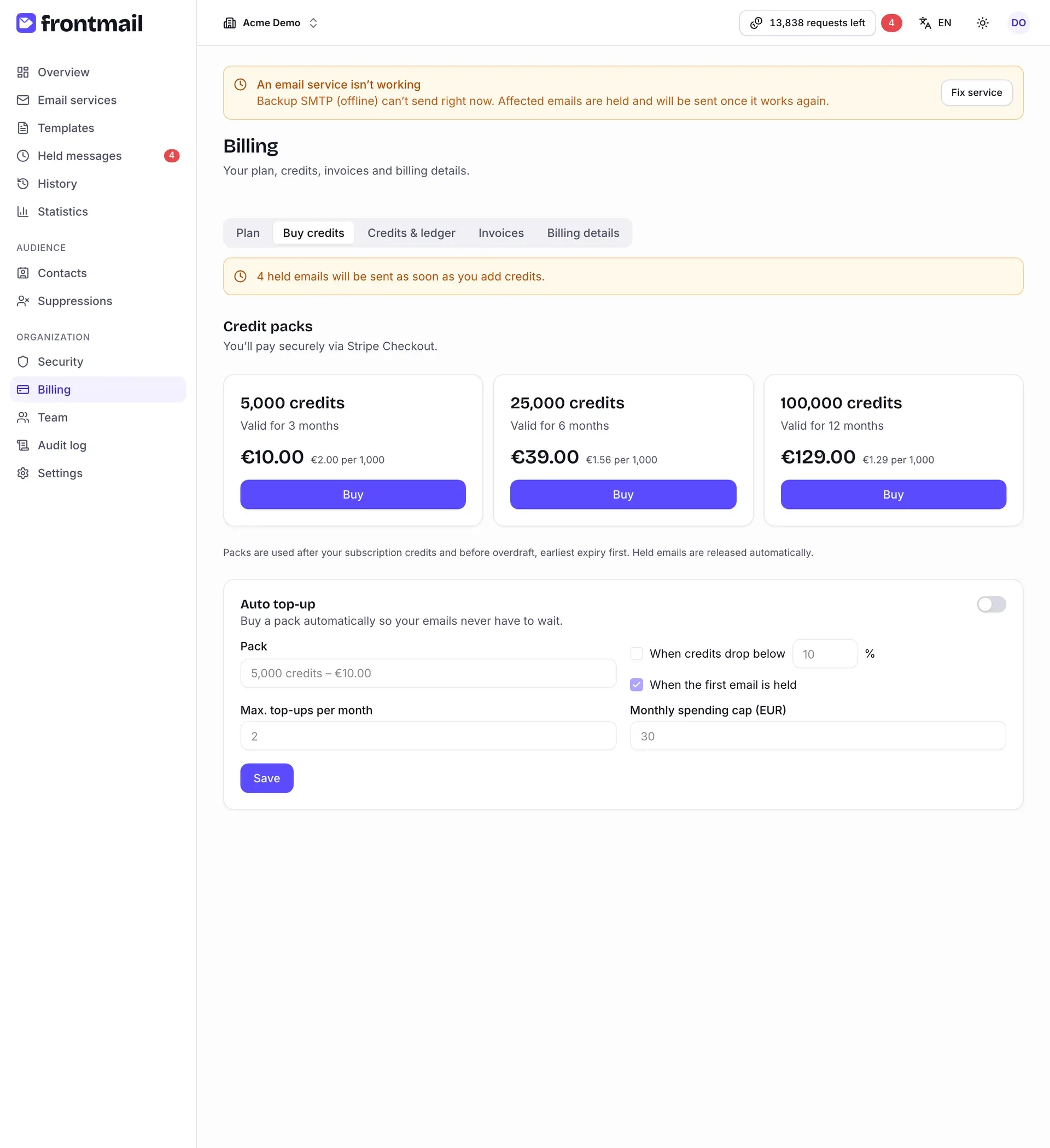 The Buy credits tab with three credit packs and the auto top-up settings
