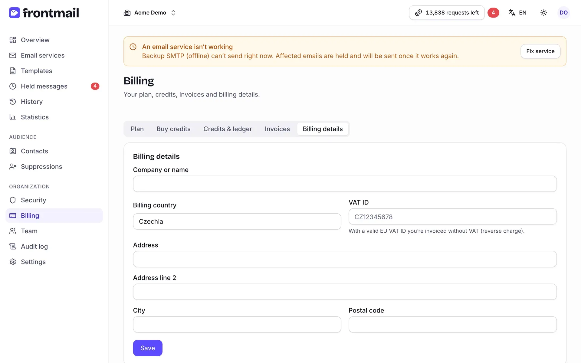 The Billing details tab with company name, billing country, VAT ID and address fields