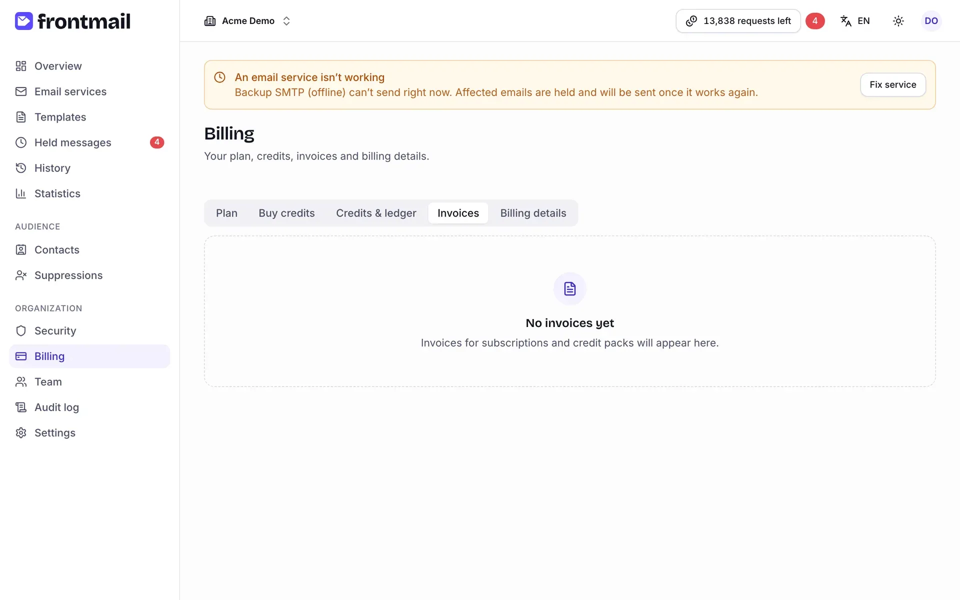 The Invoices tab with a list of invoices, their totals, statuses and View and PDF links