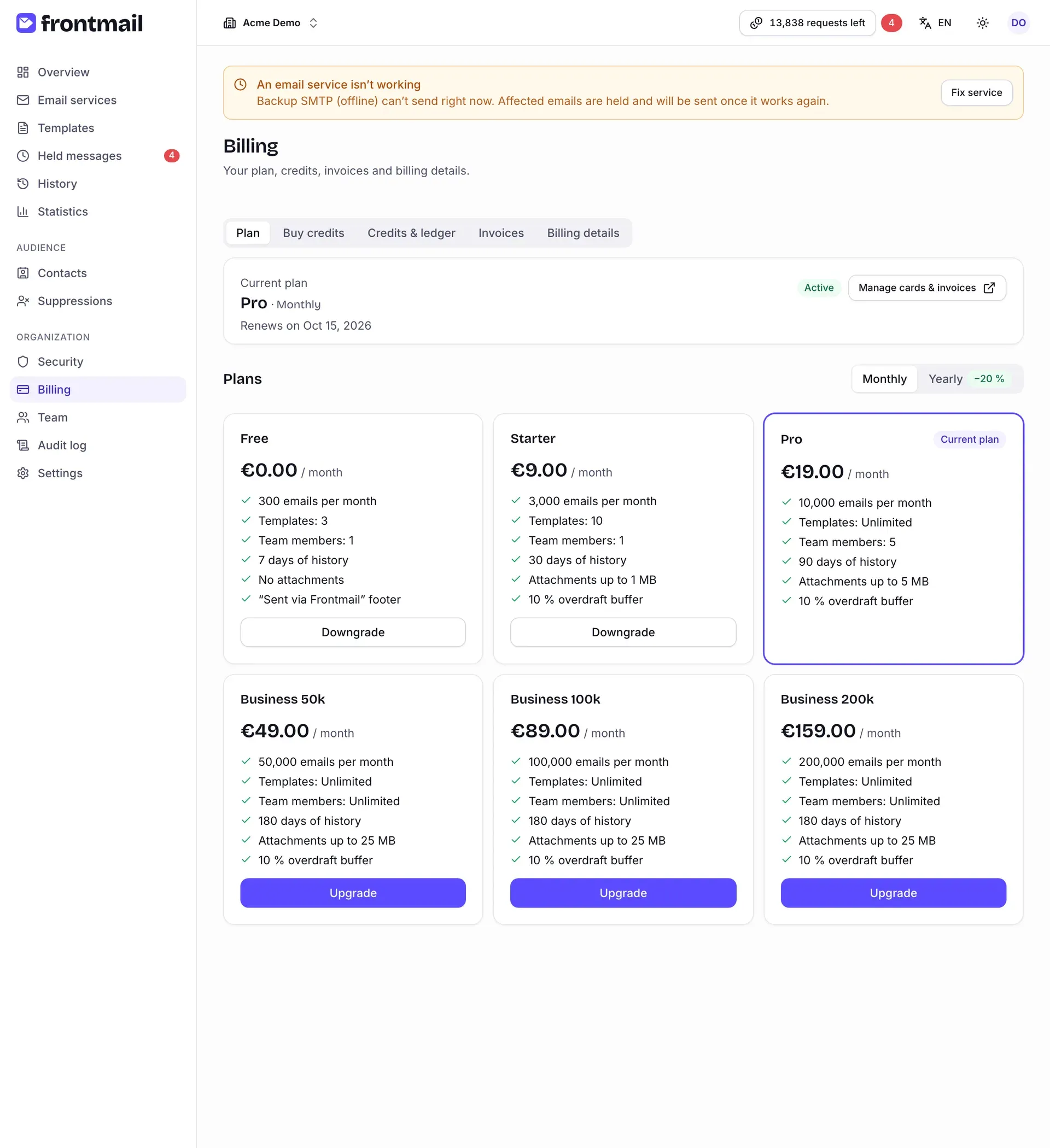 The Plan tab with the current plan card, the Manage cards & invoices button, the Monthly/Yearly switch and cards for all six plans