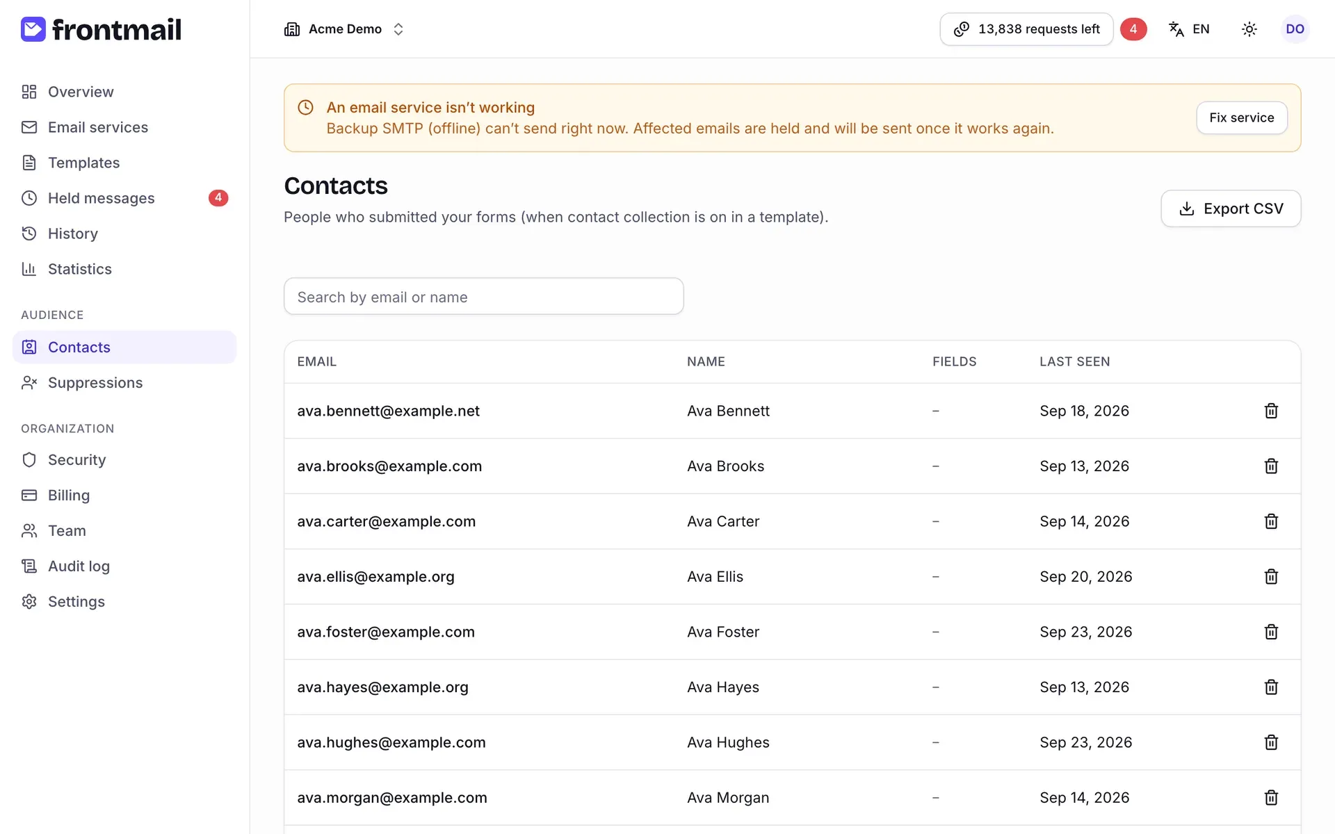 The Contacts page with the search box, the Export CSV button and a table of contacts with email, name, fields and last seen date
