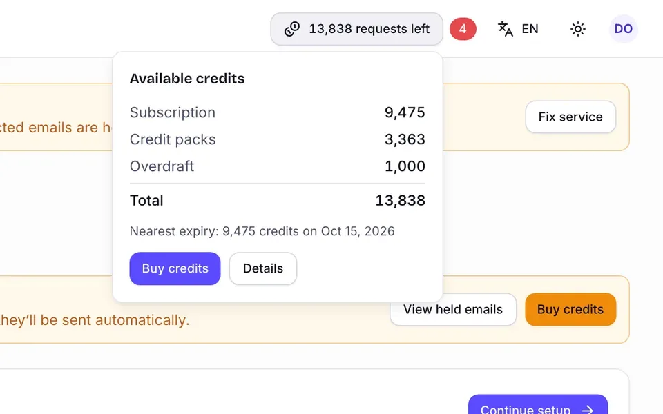 The Available credits popover listing Subscription, Credit packs and Overdraft, the total, the nearest expiry and the Buy credits and Details buttons