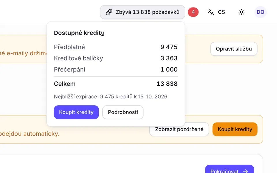 Okno Dostupné kredity s řádky Předplatné, Kreditové balíčky a Přečerpání, součtem, nejbližší expirací a tlačítky Koupit kredity a Podrobnosti
