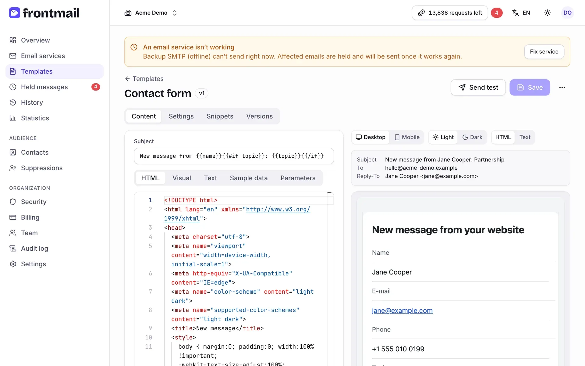 The template editor on the Content tab: the Subject field and the HTML code editor on the left, the preview with Desktop/Mobile, Light/Dark and HTML/Text switches on the right