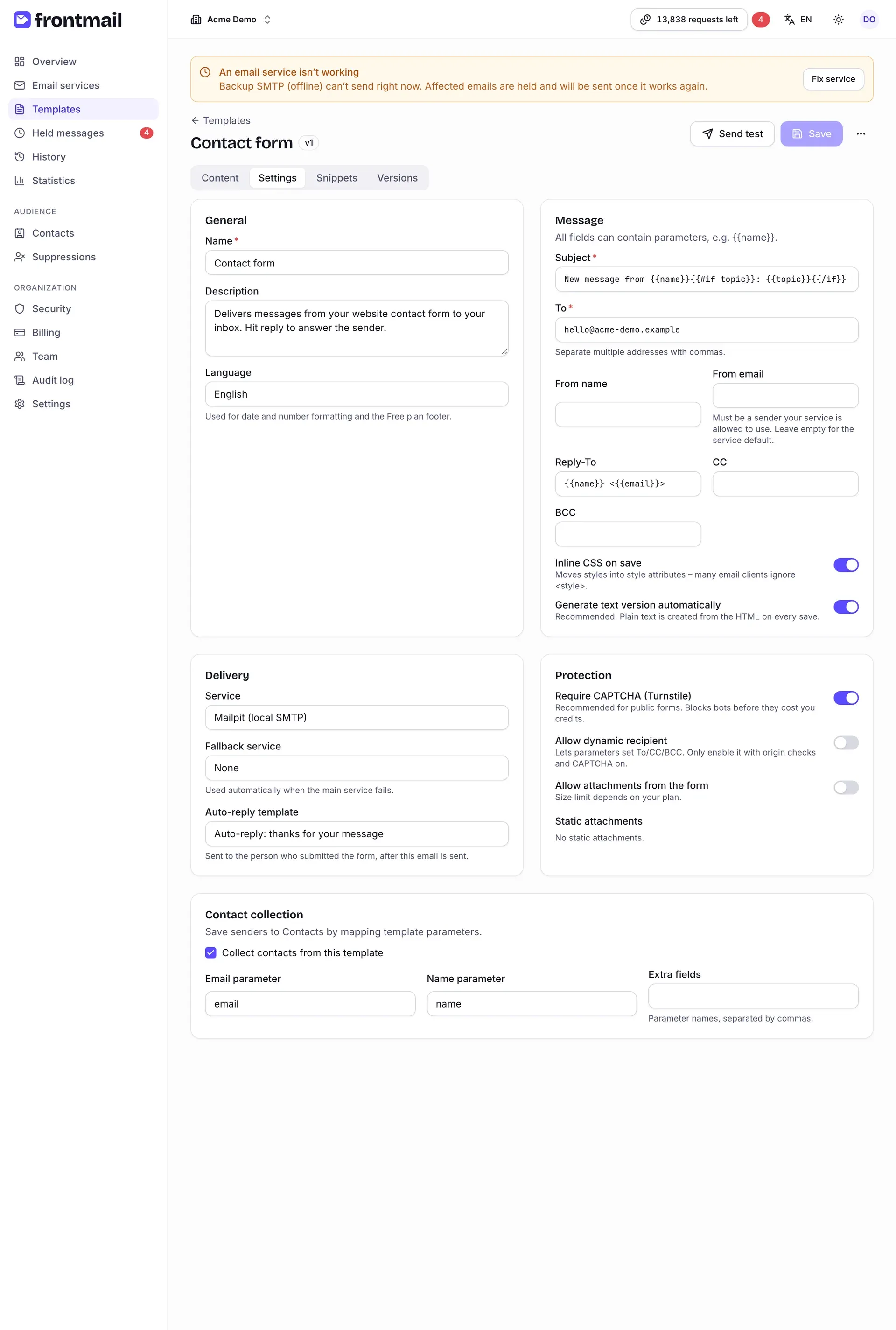The Settings tab with the General, Message, Delivery and Protection cards