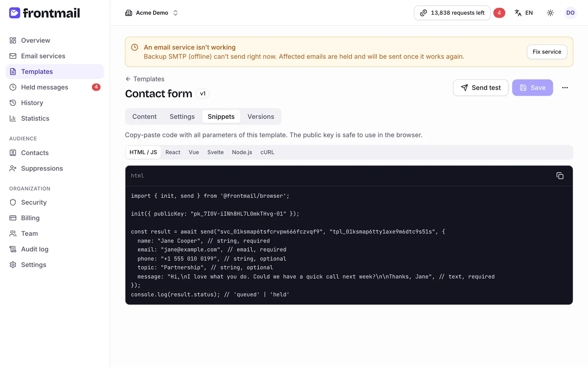 The Snippets tab of the template editor with framework switches and generated code containing the public key, service ID and template ID