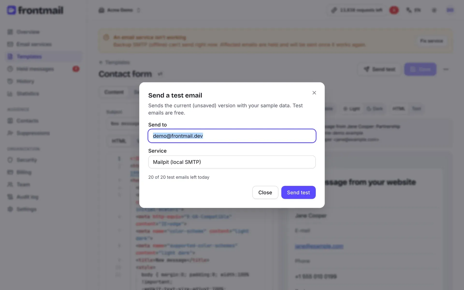 The Send a test email dialog with the recipient, the service selection and the number of test emails left today