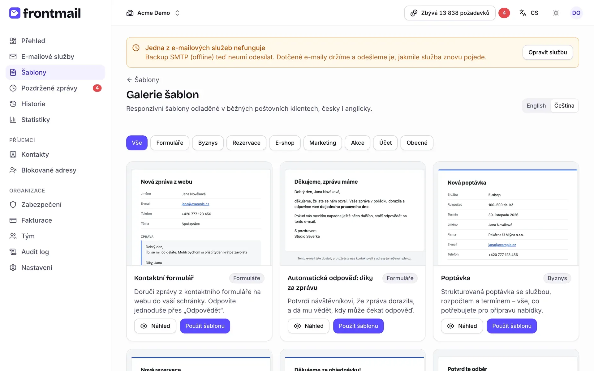 Galerie šablon s hotovými šablonami, například Kontaktní formulář a Automatická odpověď, každá s tlačítky Náhled a Použít šablonu