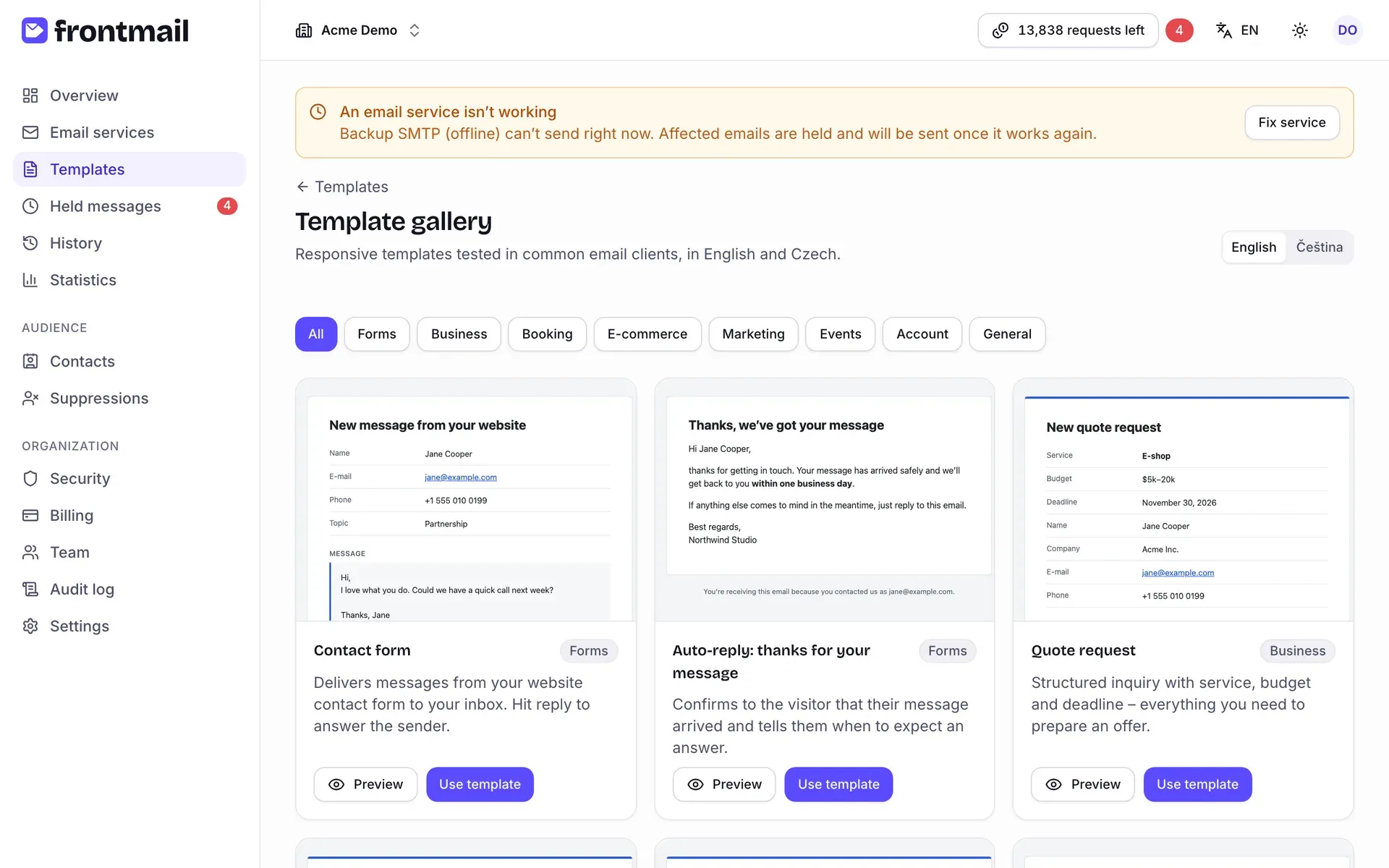 The Template gallery with language switch, category filters and cards with a thumbnail, description, Preview and Use template buttons