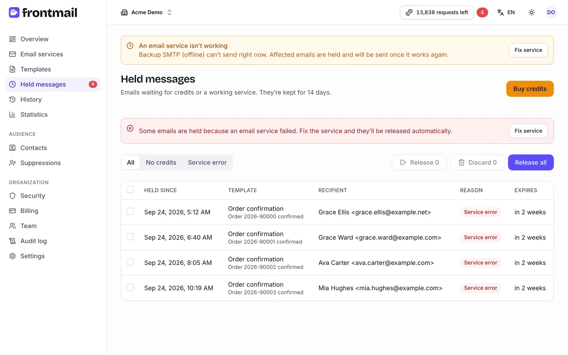 The Held messages page with the service error alert, the All / No credits / Service error filter, the Release, Discard and Release all buttons and a table of held emails