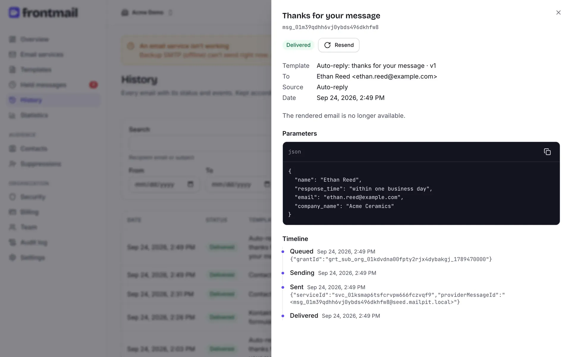 The detail of an auto-reply email in History: Sent status, Resend button, template, recipient, source and the rendered email