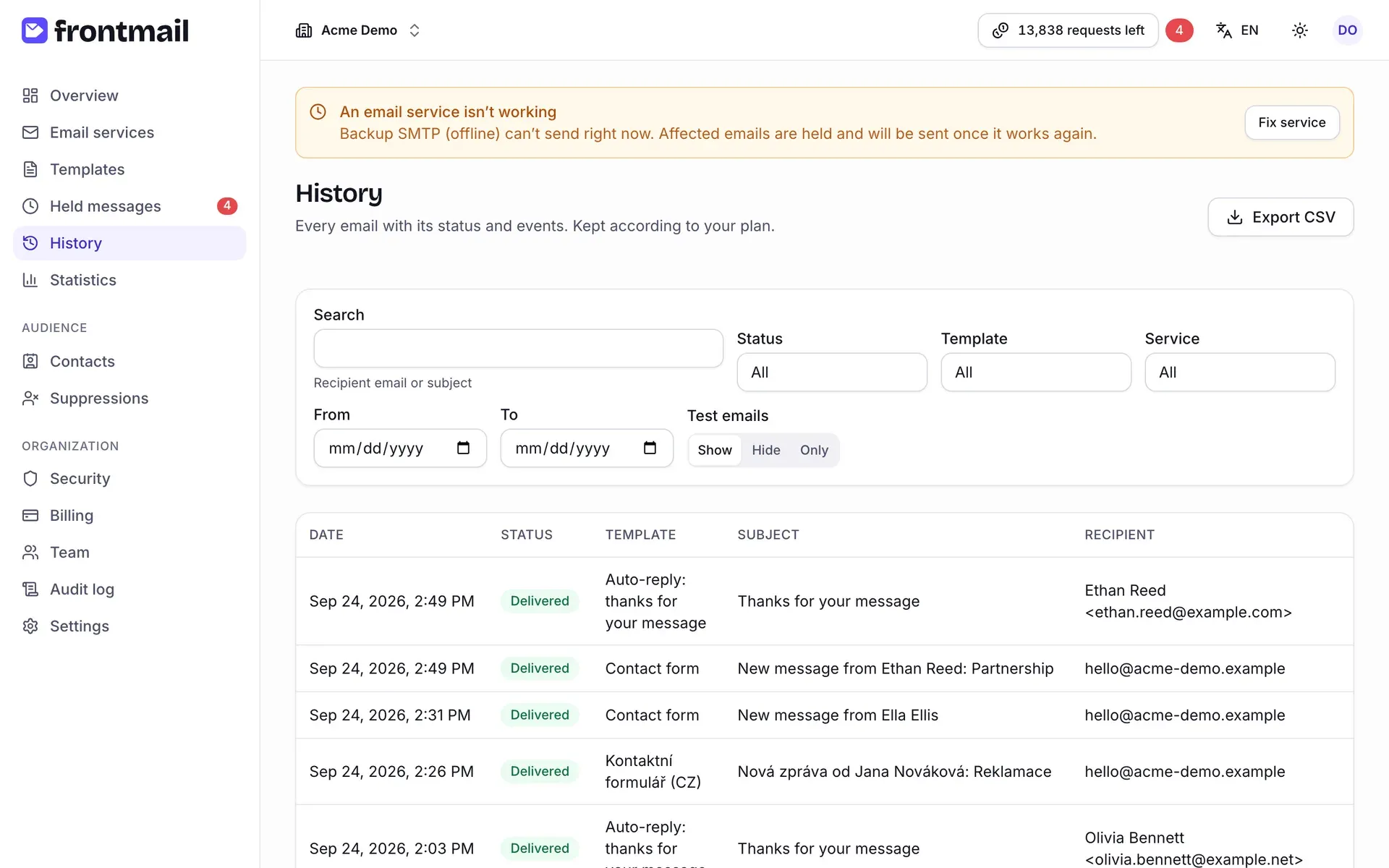 The History page with filters and a list of emails with their status, template and recipient