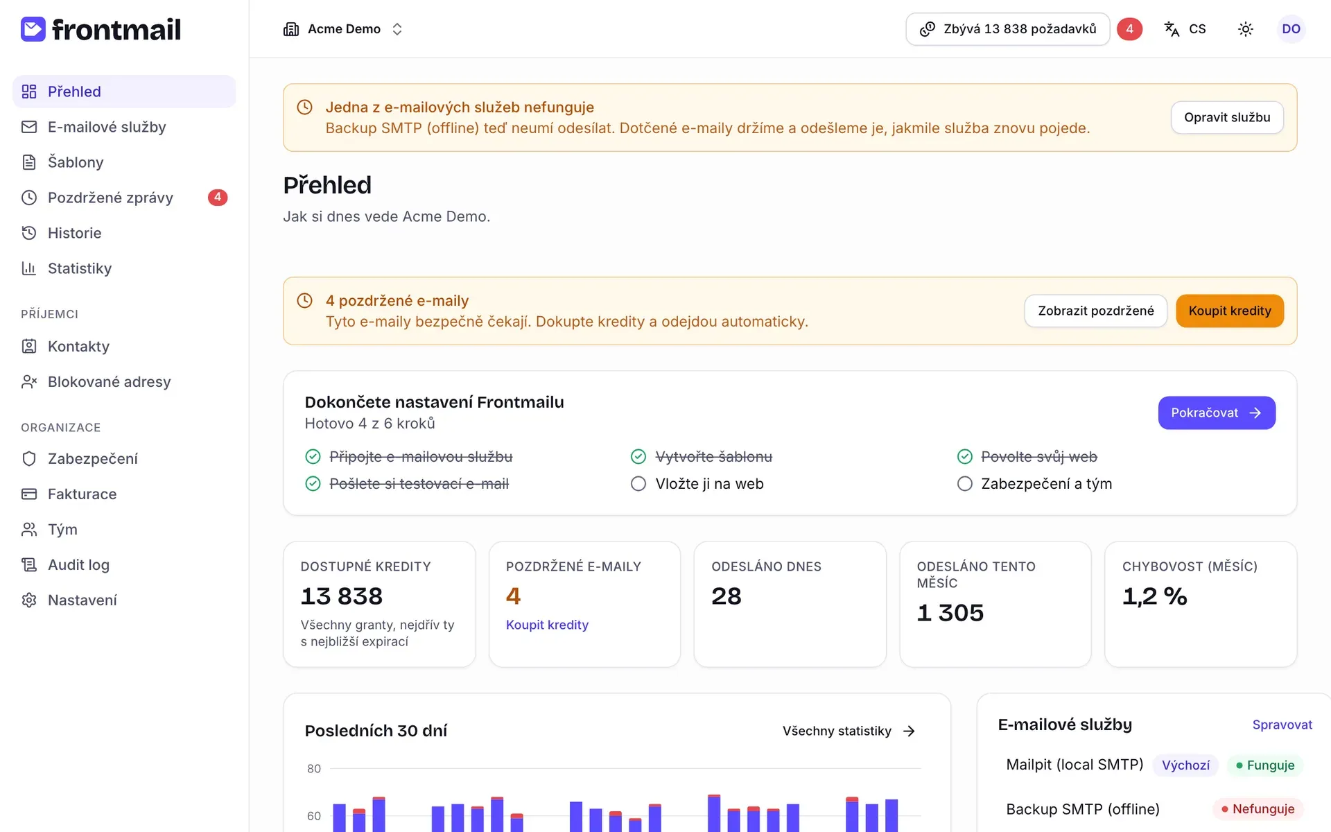 Stránka Přehled s postranním menu vlevo, horní lištou s ukazatelem kreditů, bannerem o nefunkční službě, kartou nastavení a hlavními čísly