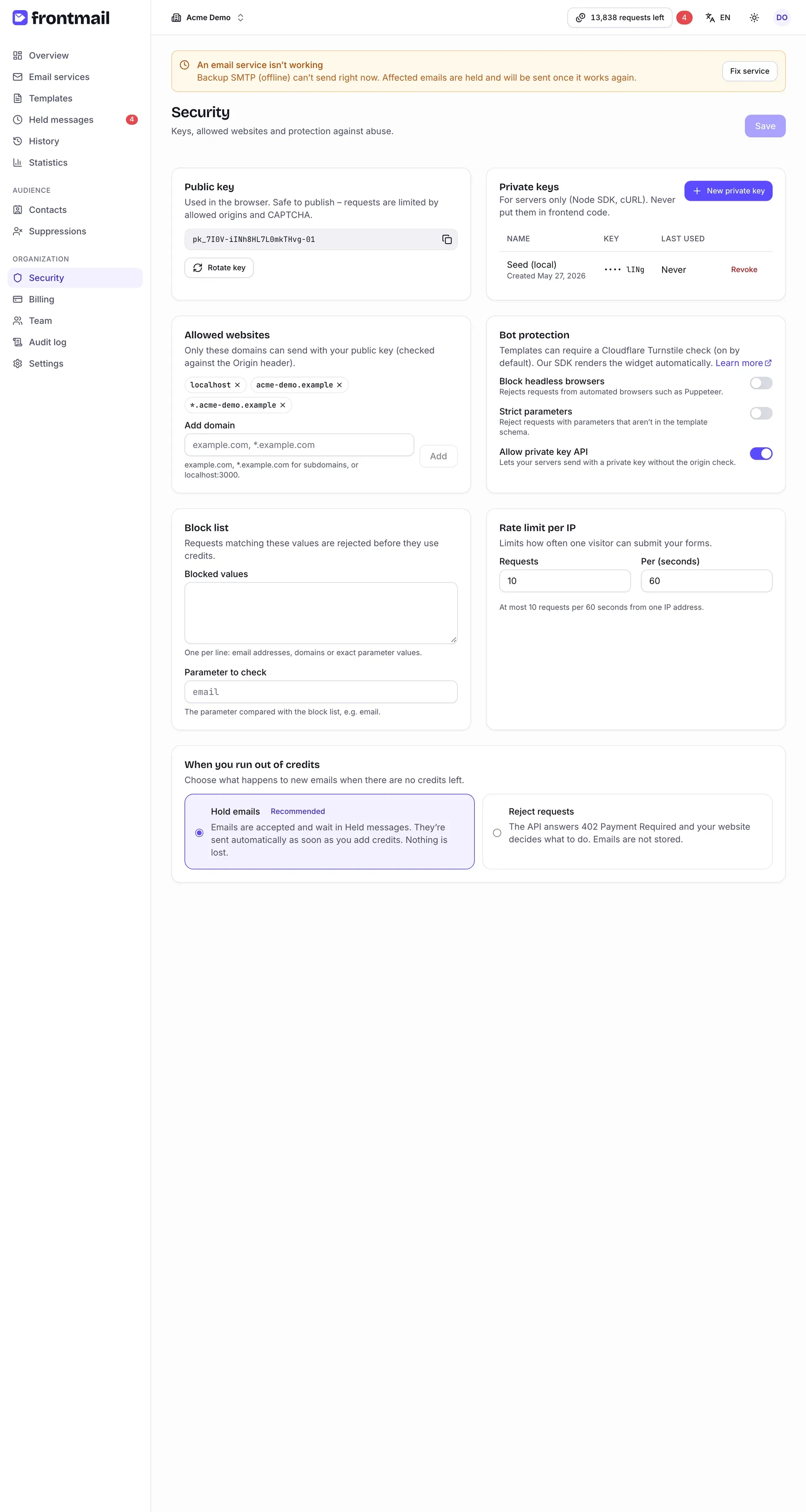 The Security page with the public key, private keys, Allowed websites with three domains, Abuse protection and the credit-exhaustion options