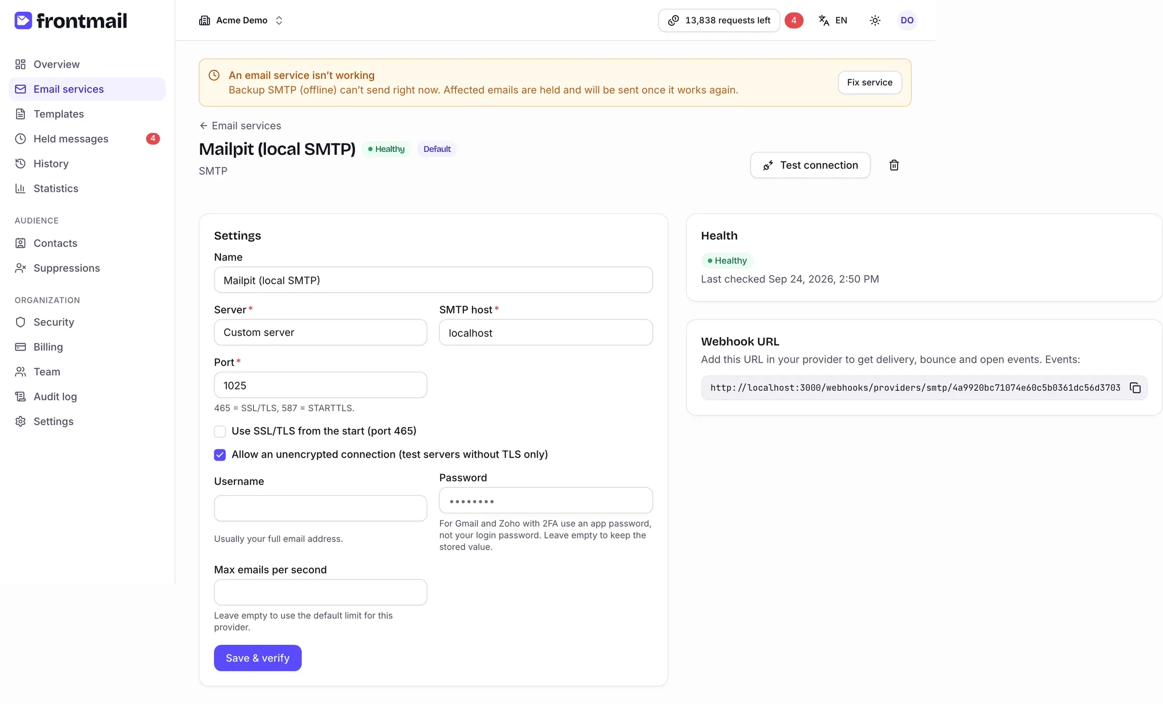 A service page with the Healthy and Default badges, Test connection and delete buttons, the Settings form, the Health card with the last check time and the Webhook URL card