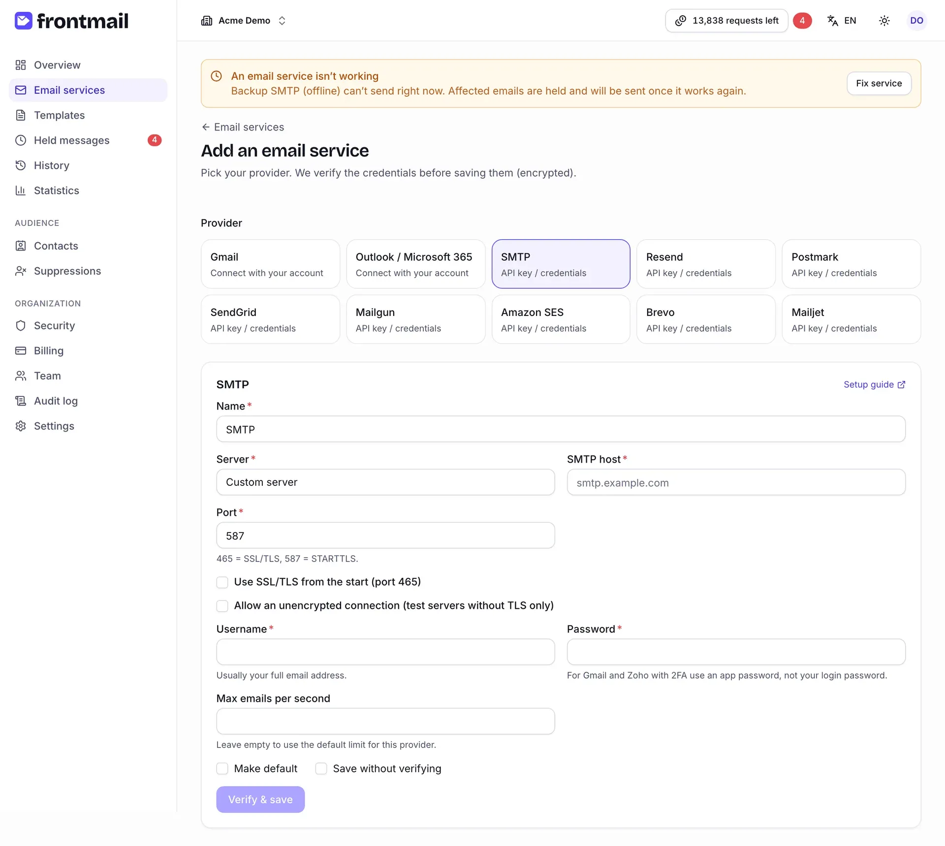 The Add an email service page with the provider grid, SMTP selected, and the SMTP form with host, port, TLS options, username, password, Make default, Save without verifying and Verify & save