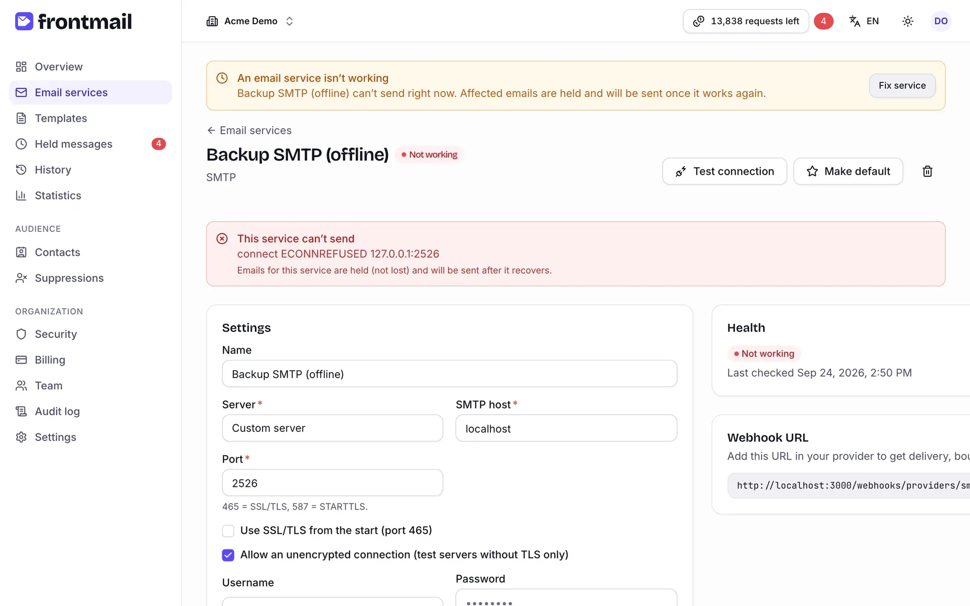 A service page showing the Not working badge and the red alert This service can’t send with the error and the note that emails are held
