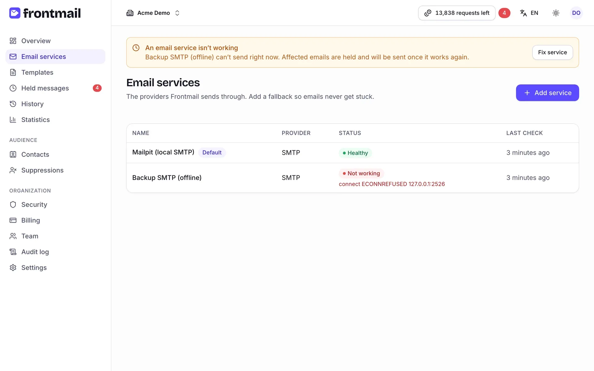 The Email services list with columns Name, Provider, Status and Last check; one service is marked Default and Healthy, another is Not working with the error connect ECONNREFUSED