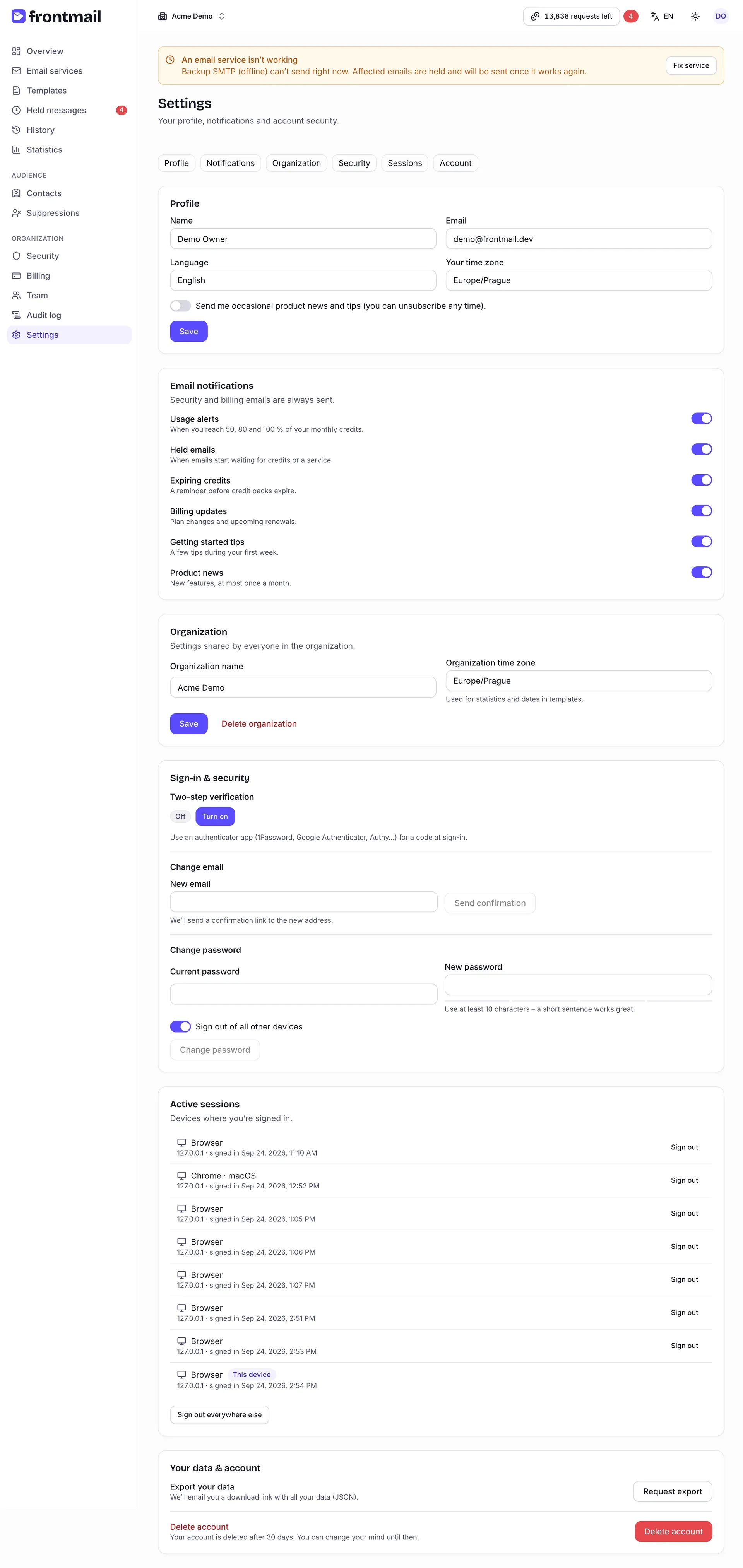 The Settings page with the Profile, Email notifications, Organization, Sign-in & security, Active sessions and Your data & account sections