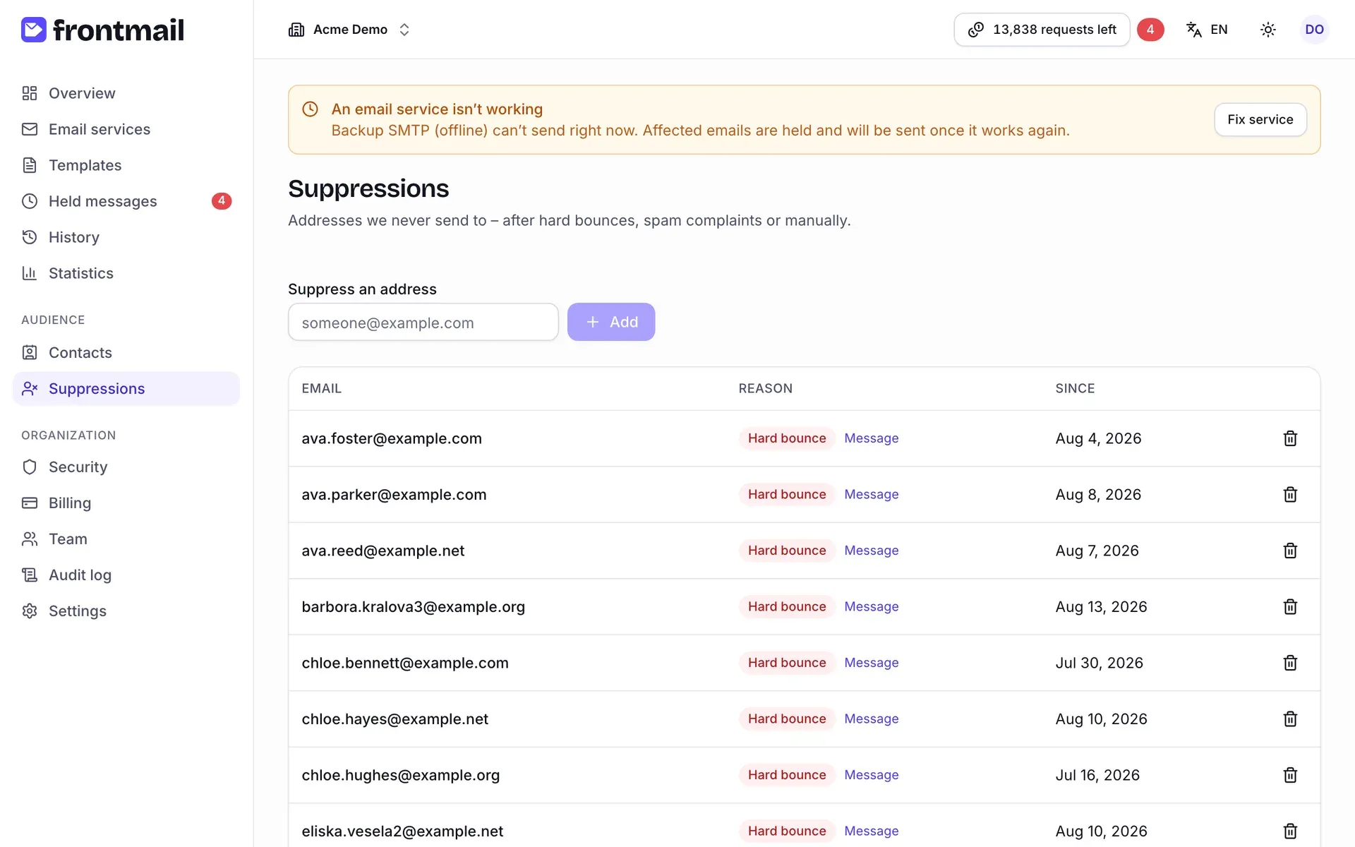 The Suppressions page with the Suppress an address field, the Add button and a table of suppressed addresses with reason badges, Message links and dates