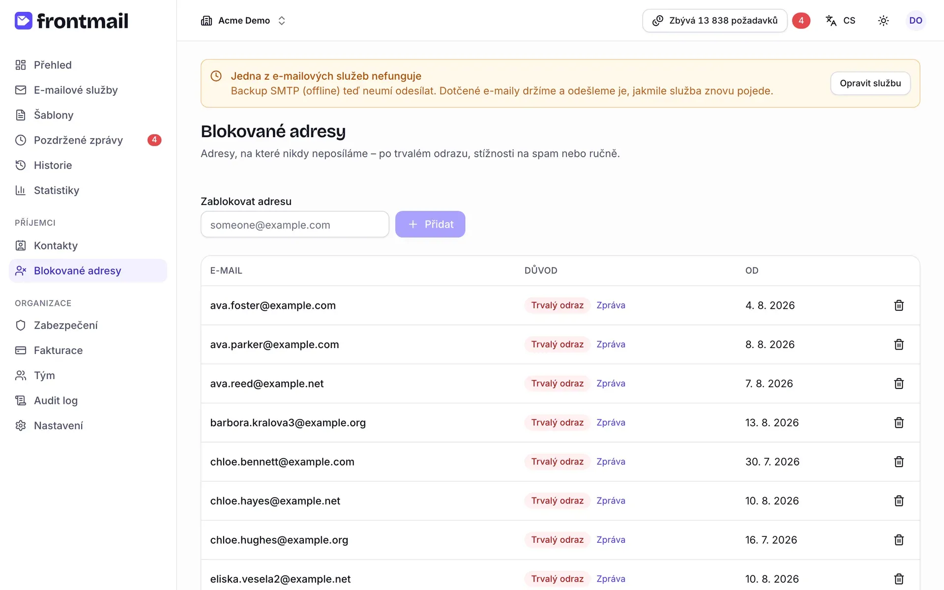 Stránka Blokované adresy s polem Zablokovat adresu, tlačítkem Přidat a tabulkou blokovaných adres s důvodem, odkazem Zpráva a datem