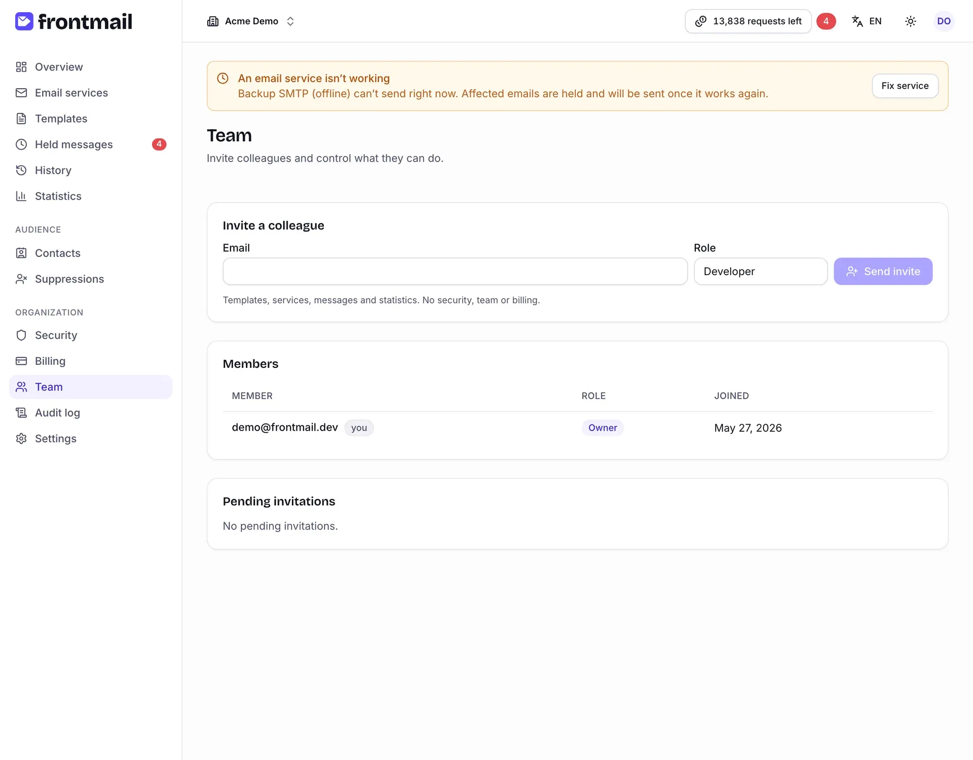 The Team page with the Invite a colleague form, the Members table and Pending invitations