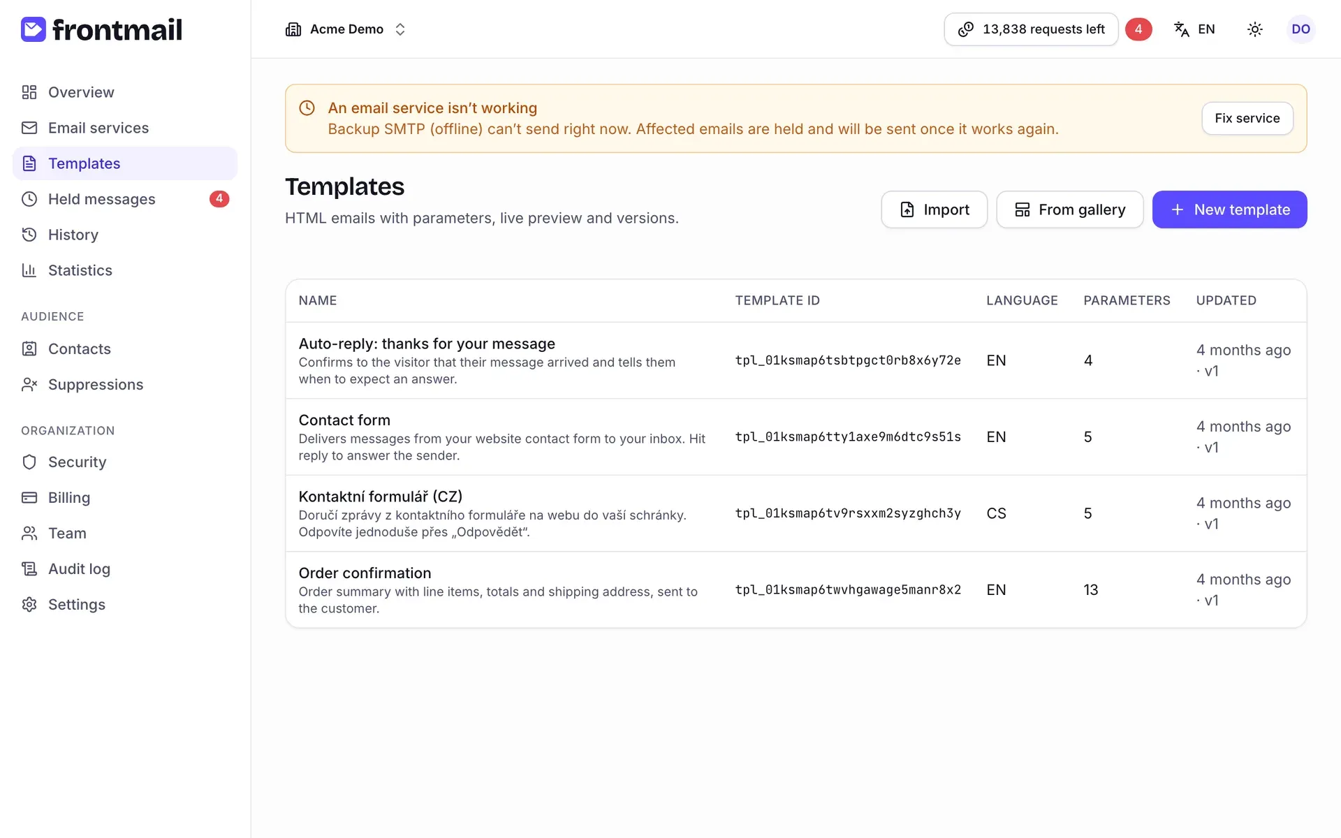 The Templates list with the Import, From gallery and New template buttons and columns Name, Template ID, Language, Parameters and Updated